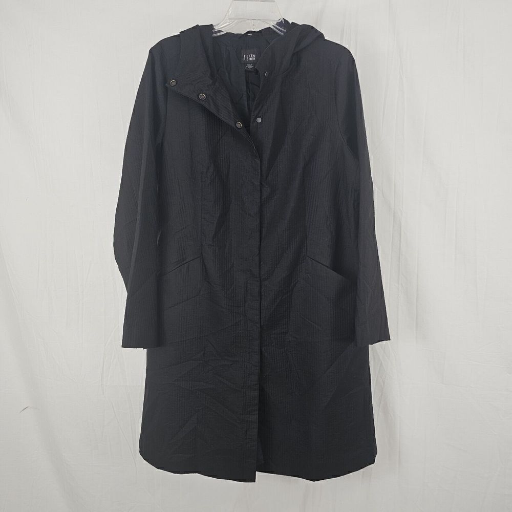 Eileen Fisher Women's Size Small Stripe Texture Black Trench Peacoat R7CN-4 Snap